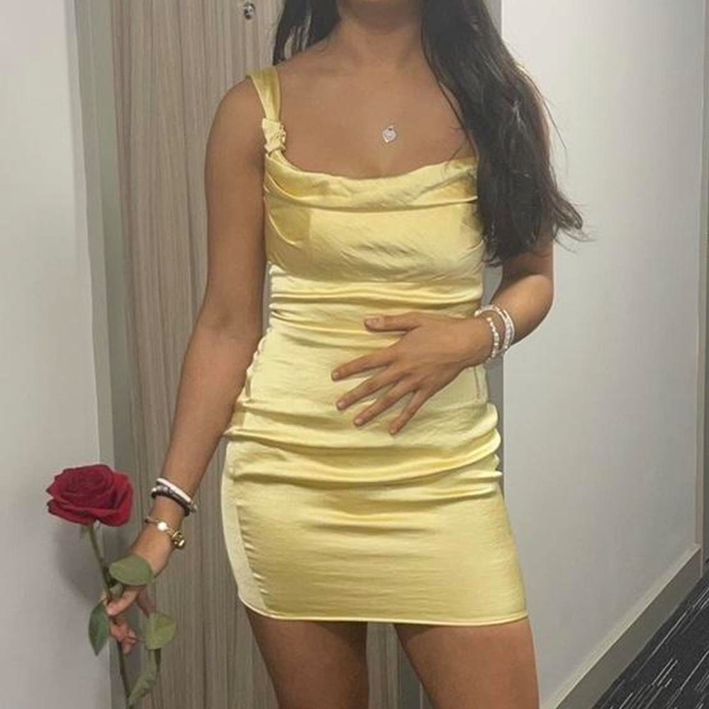 Oh Polly Yellow Knot A Mirage satin Mini Dress - Picture 2 of 9